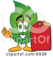 Clipart Picture Of A Leaf Mascot Cartoon Character Holding A Red Clearance Sales Price Tag by Toons4Biz