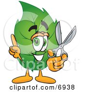 Clipart Picture Of A Leaf Mascot Cartoon Character Holding A Pair Of Scissors by Toons4Biz