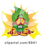 Leaf Mascot Cartoon Character Dressed As A Super Hero