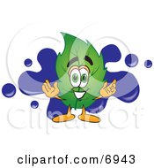 Clipart Picture Of A Leaf Mascot Cartoon Character With A Blue Paint Splatter by Toons4Biz