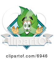 Clipart Picture Of A Leaf Mascot Cartoon Character With A Diamond And Blank Ribbon Label by Toons4Biz