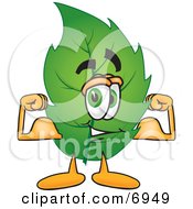 Clipart Picture Of A Leaf Mascot Cartoon Character Flexing His Strong Arm Muscles by Toons4Biz