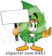 Clipart Picture Of A Leaf Mascot Cartoon Character Holding A Blank White Sign by Toons4Biz