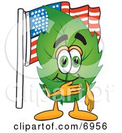 Clipart Picture Of A Leaf Mascot Cartoon Character Pledging Allegiance To An American Flag by Toons4Biz