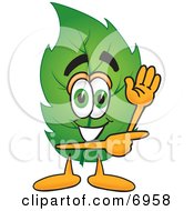 Clipart Picture Of A Leaf Mascot Cartoon Character Waving And Pointing by Toons4Biz