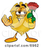 Badge Mascot Cartoon Character Holding A Red Rose On Valentines Day