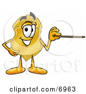 Badge Mascot Cartoon Character Holding A Pointer Stick