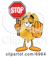 Badge Mascot Cartoon Character Holding A Stop Sign