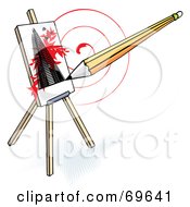 Poster, Art Print Of Pencil Drawing A Skyscraper On An Easel Over A Red Swirl