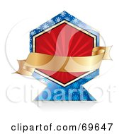 Royalty Free RF Clipart Illustration Of A Blank Golden Banner Over A Red Label With Blue Snowflakes by MilsiArt