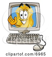 Clipart Picture Of A Badge Mascot Cartoon Character Waving From Inside A Computer Screen