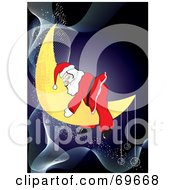 Poster, Art Print Of Exhausted Santa Sleeping On A Crescent Moon Over A Blue Background With Waves