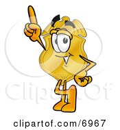 Clipart Picture Of A Badge Mascot Cartoon Character Pointing Upwards