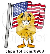 Badge Mascot Cartoon Character Pledging Allegiance To An American Flag