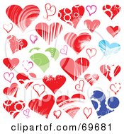 Poster, Art Print Of Digital Collage Of Blue Red And Green Heart Designs