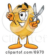 Badge Mascot Cartoon Character Holding A Pair Of Scissors by Mascot Junction