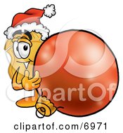 Clipart Picture Of A Badge Mascot Cartoon Character Wearing A Santa Hat Standing With A Christmas Bauble