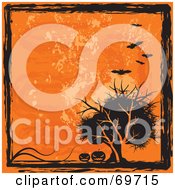 Poster, Art Print Of Grungy Orange And Black Halloween Background With Bats Pumpkins And A Tree