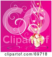 Poster, Art Print Of Pink Background With A Gold Gift And Flowing Hearts