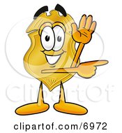 Badge Mascot Cartoon Character Waving And Pointing