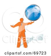 Poster, Art Print Of Shiny Orange Businessman Holding A Blue Globe