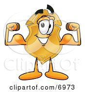 Poster, Art Print Of Badge Mascot Cartoon Character Flexing His Arm Muscles