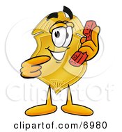 Badge Mascot Cartoon Character Holding A Telephone