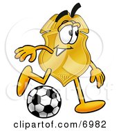 Badge Mascot Cartoon Character Kicking A Soccer Ball