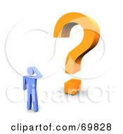 Royalty Free RF Clipart Illustration Of A 3d Blue Guy Standing Before An Orange Question Mark by Jiri Moucka