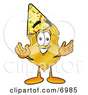 Badge Mascot Cartoon Character Wearing A Birthday Party Hat