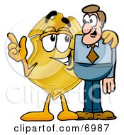 Clipart Picture Of A Badge Mascot Cartoon Character Talking To A Business Man