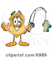 Badge Mascot Cartoon Character Holding A Fish On A Fishing Pole