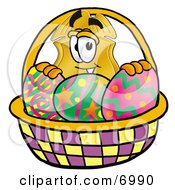 Badge Mascot Cartoon Character In An Easter Basket Full Of Decorated Easter Eggs