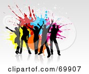 Poster, Art Print Of Group Of Black Silhouetted Party Dancers Over Grunge Splatters On Gray