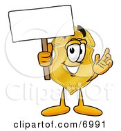 Badge Mascot Cartoon Character Holding A Blank Sign