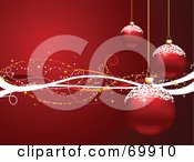 Poster, Art Print Of Red Christmas Background With Suspended Ornaments With Snow And Waves