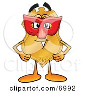 Badge Mascot Cartoon Character Wearing A Red Mask Over His Face