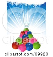 Poster, Art Print Of Christmas Tree Made Of Colorful Baubles Over A Blue Burst Background