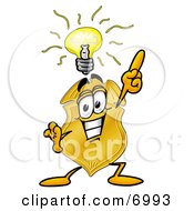 Clipart Picture Of A Badge Mascot Cartoon Character With A Bright Idea