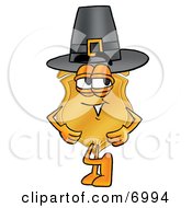 Poster, Art Print Of Badge Mascot Cartoon Character Wearing A Pilgrim Hat On Thanksgiving