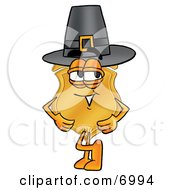 Clipart Picture Of A Badge Mascot Cartoon Character Wearing A Pilgrim Hat On Thanksgiving