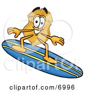 Poster, Art Print Of Badge Mascot Cartoon Character Surfing On A Blue And Yellow Surfboard