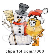 Clipart Picture Of A Badge Mascot Cartoon Character With A Snowman On Christmas