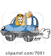 Badge Mascot Cartoon Character Driving A Blue Car And Waving