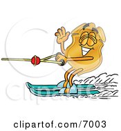 Clipart Picture Of A Badge Mascot Cartoon Character Waving While Water Skiing