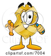 Clipart Picture Of A Badge Mascot Cartoon Character Looking Through A Magnifying Glass