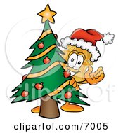 Badge Mascot Cartoon Character Waving And Standing By A Decorated Christmas Tree
