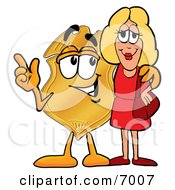 Badge Mascot Cartoon Character Talking To A Pretty Blond Woman by Mascot Junction