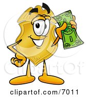Badge Mascot Cartoon Character Holding A Dollar Bill