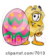 Poster, Art Print Of Badge Mascot Cartoon Character Standing Beside An Easter Egg